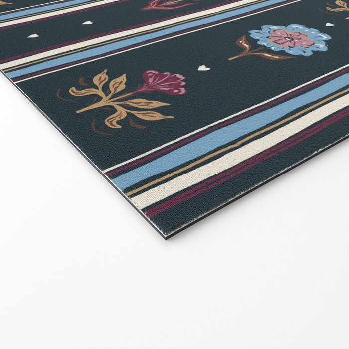 Navy Folk Floral Stripe Welcome Mat Gallery Image 2