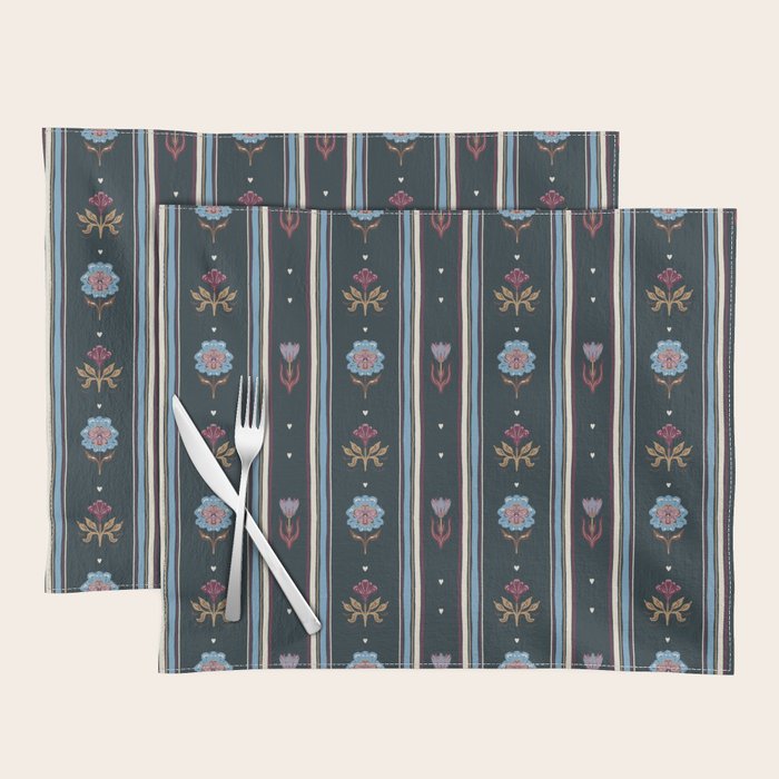 Navy Folk Floral Stripe Placemat Gallery Image 1