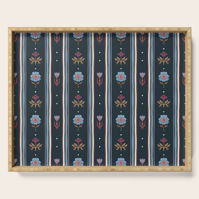 Navy Folk Floral Stripe Serving Tray Gallery Image 1
