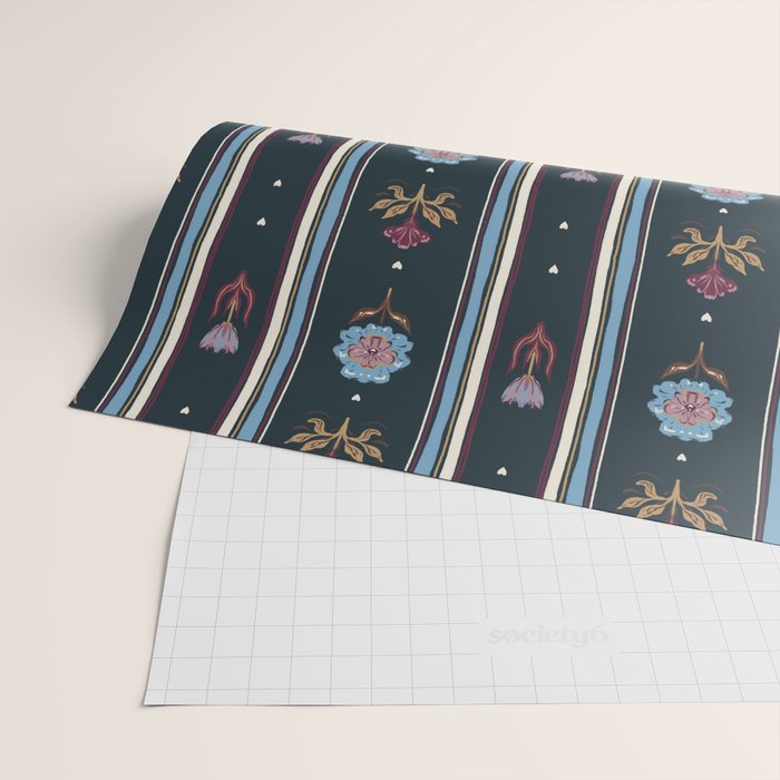 Navy Folk Floral Stripe Wrapping Paper Gallery Image 2