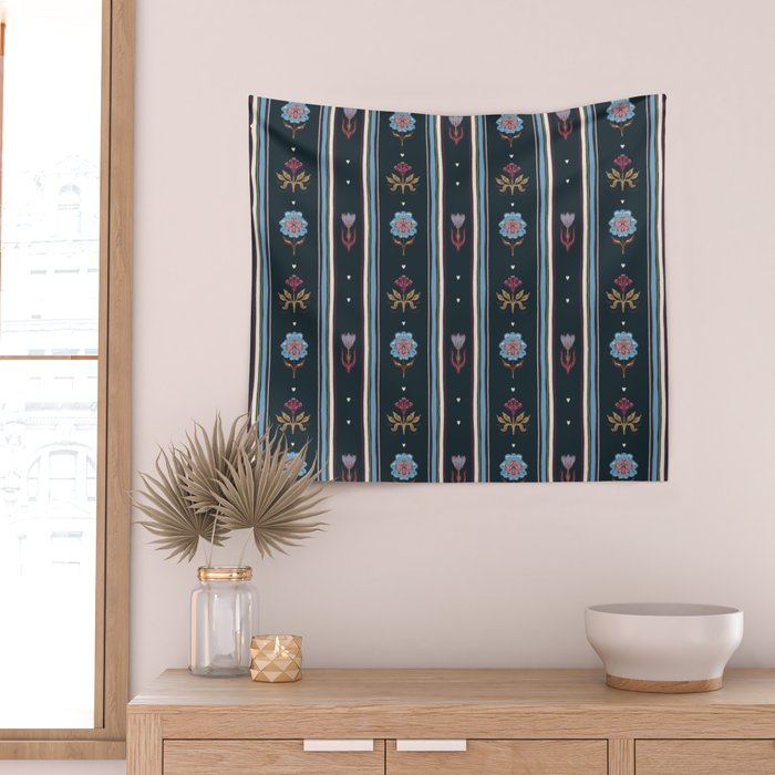 Navy Folk Floral Stripe Wall Tapestry Gallery Image 2