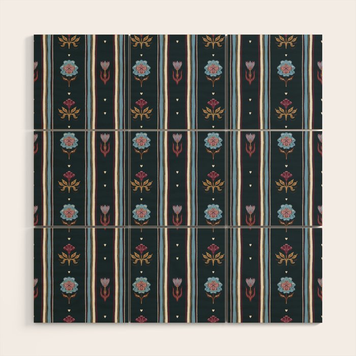 Navy Folk Floral Stripe Wood Wall Art Gallery Image 1