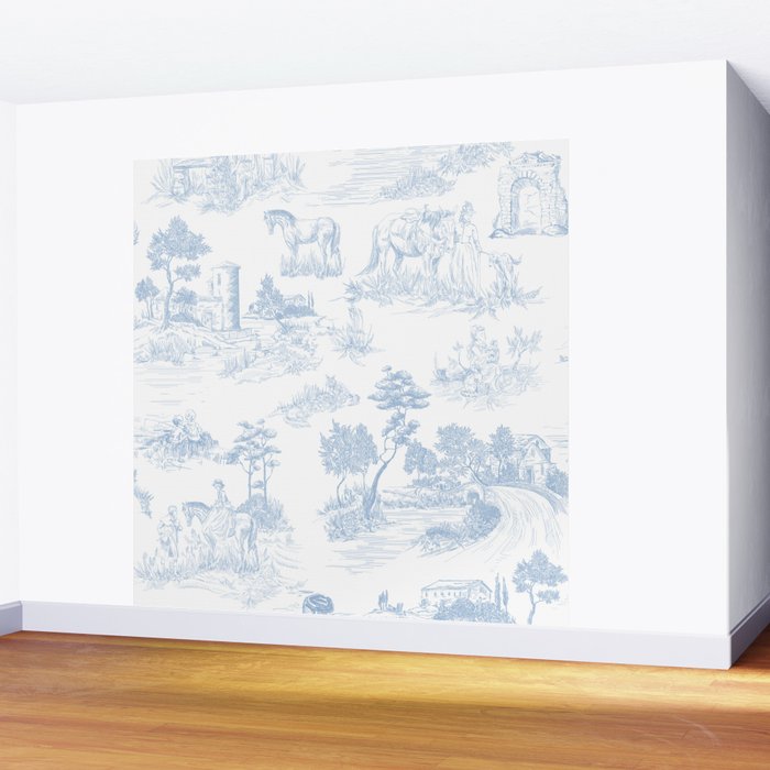 Toile de Jouy Vintage French Soft Baby Blue White Pastoral Pattern Wall Mural Gallery Image 2
