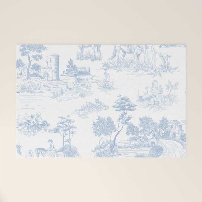 Toile de Jouy Vintage French Soft Baby Blue White Pastoral Pattern Welcome Mat Gallery Image 1