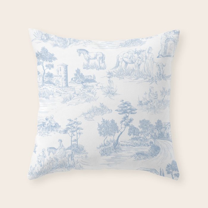 Toile de Jouy Vintage French Soft Baby Blue White Pastoral Pattern Throw Pillow Gallery Image 1