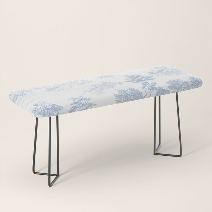 Toile de Jouy Vintage French Soft Baby Blue White Pastoral Pattern Bench Gallery Image 1