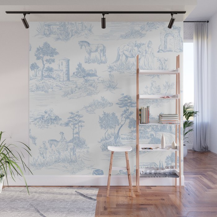 Toile de Jouy Vintage French Soft Baby Blue White Pastoral Pattern Wall Mural Gallery Image 1
