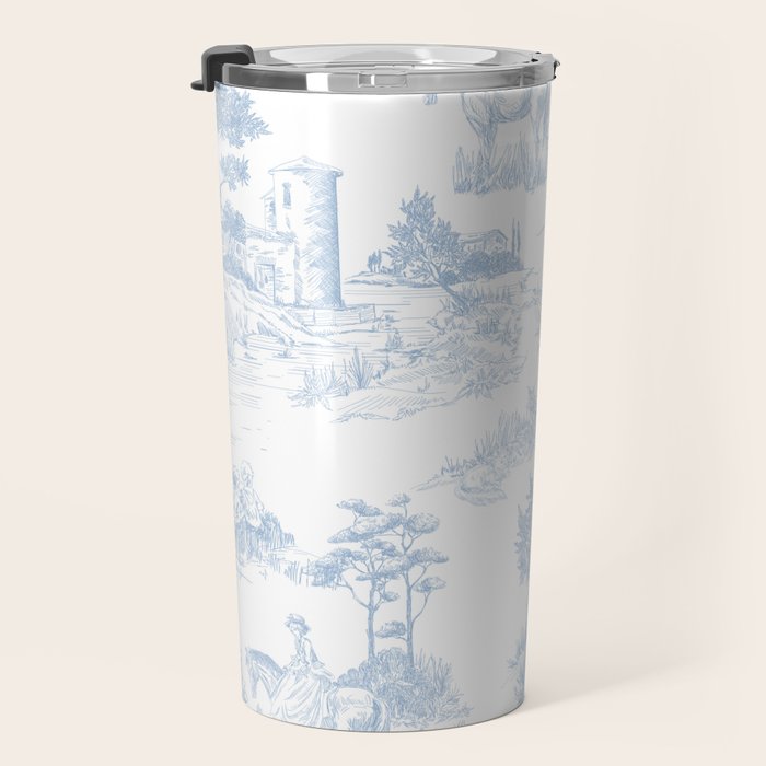 Toile de Jouy Vintage French Soft Baby Blue White Pastoral Pattern Travel Mug Gallery Image 3