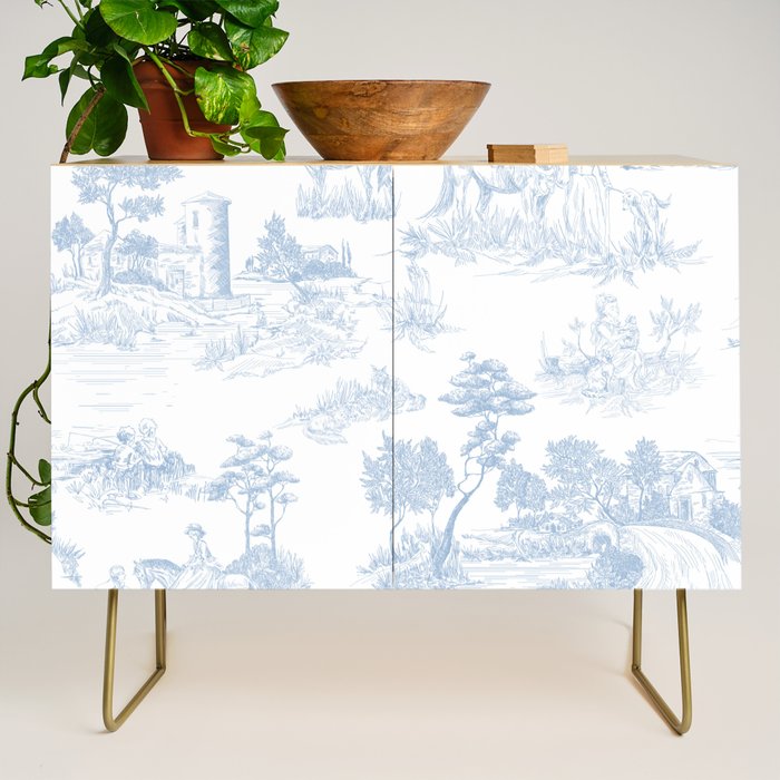 Toile de Jouy Vintage French Soft Baby Blue White Pastoral Pattern Credenza Gallery Image 1