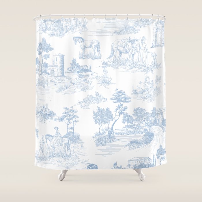 Toile de Jouy Vintage French Soft Baby Blue White Pastoral Pattern Shower Curtain Gallery Image 1