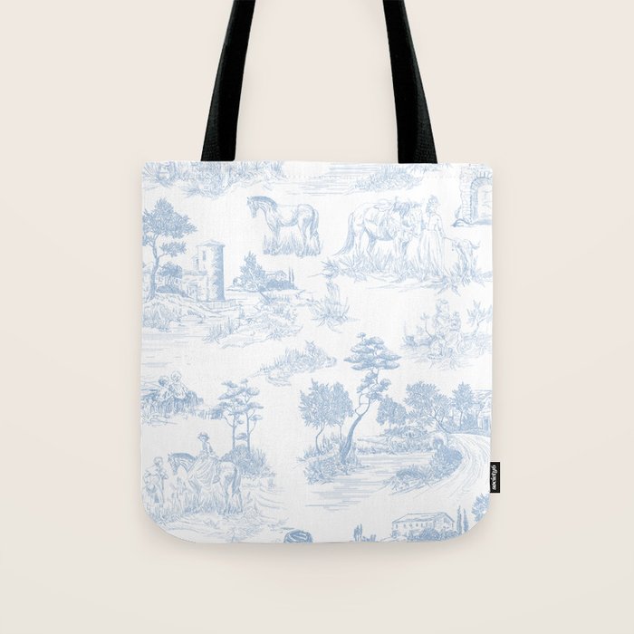 Toile de Jouy Vintage French Soft Baby Blue White Pastoral Pattern Tote Bag Gallery Image 1