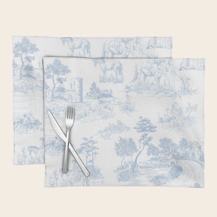 Toile de Jouy Vintage French Soft Baby Blue White Pastoral Pattern Placemat Gallery Image 1