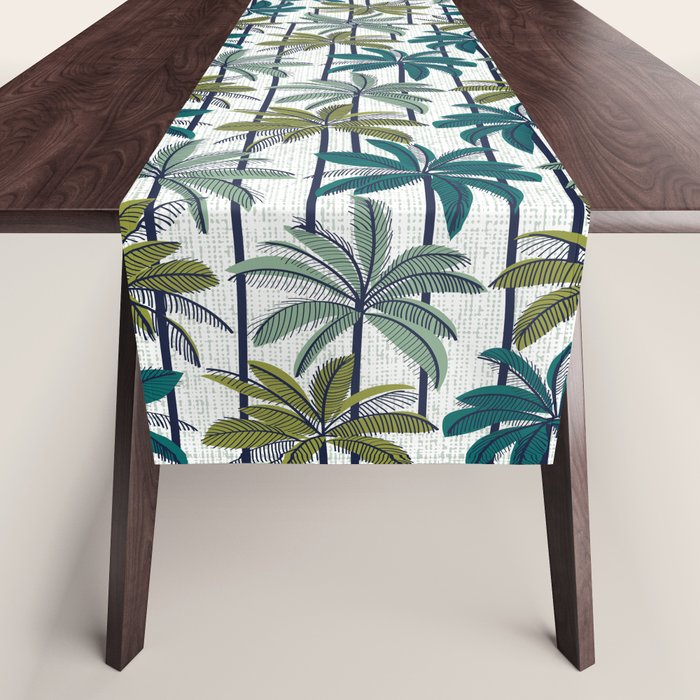 Retro Palm Springs vibes // white background highball sage and pine green palm trees oxford navy blue lines Table Runner Gallery Image 1