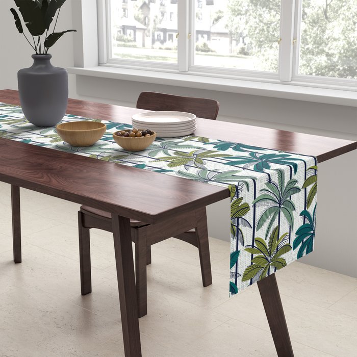 Retro Palm Springs vibes // white background highball sage and pine green palm trees oxford navy blue lines Table Runner Gallery Image 2