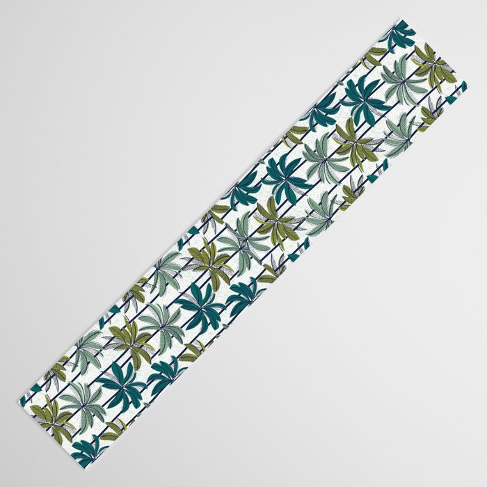 Retro Palm Springs vibes // white background highball sage and pine green palm trees oxford navy blue lines Table Runner Gallery Image 3