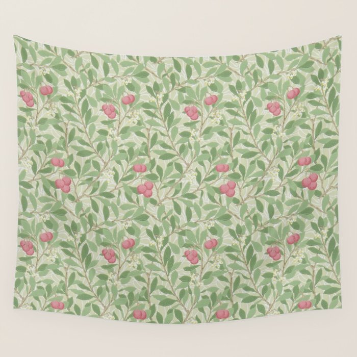 William Morris Arbutus Green Olive Pink Vintage Pattern Wall Tapestry Gallery Image 1