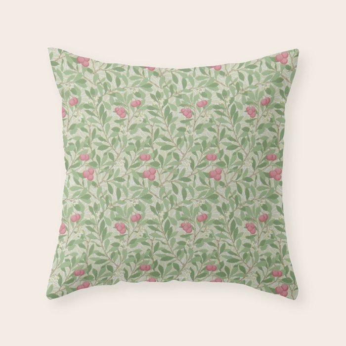 William Morris Arbutus Green Olive Pink Vintage Pattern Throw Pillow Gallery Image 6