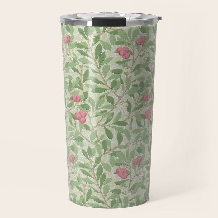 William Morris Arbutus Green Olive Pink Vintage Pattern Travel Mug Gallery Image 1