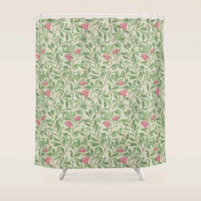 William Morris Arbutus Green Olive Pink Vintage Pattern Shower Curtain Gallery Image 1