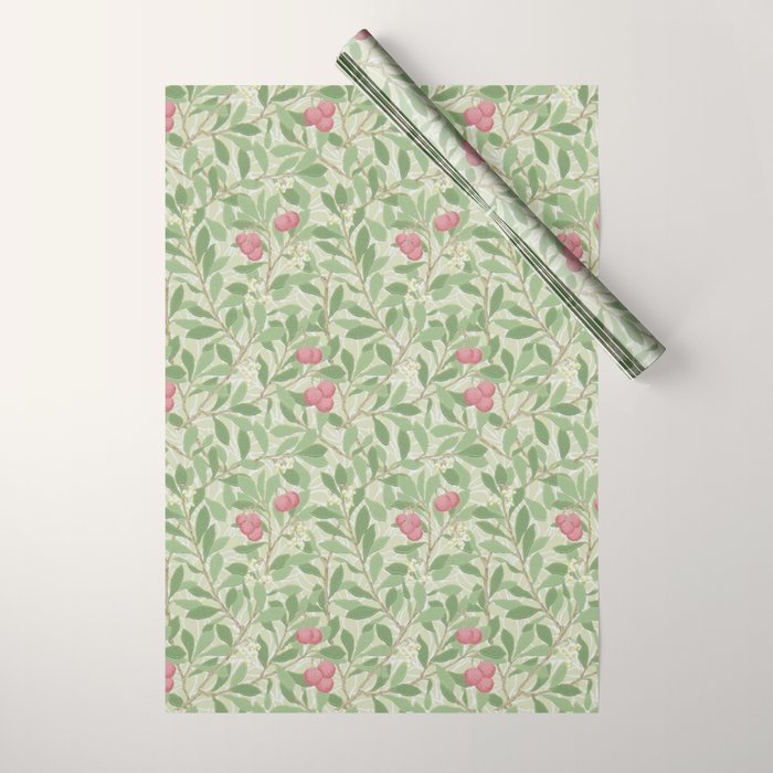 William Morris Arbutus Green Olive Pink Vintage Pattern Wrapping Paper Gallery Image 1
