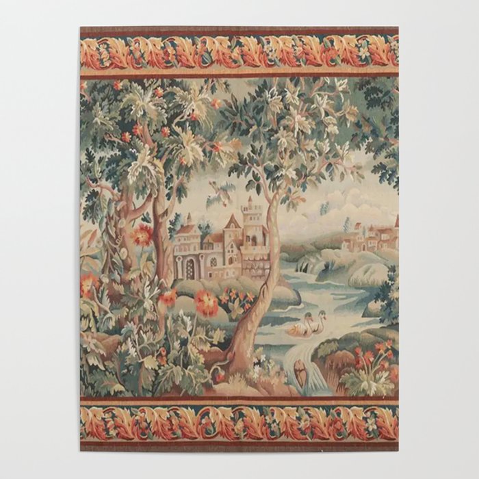 Antique 18th Century French Verdure Flower Garden Tapestry Poster Gallery Image 1