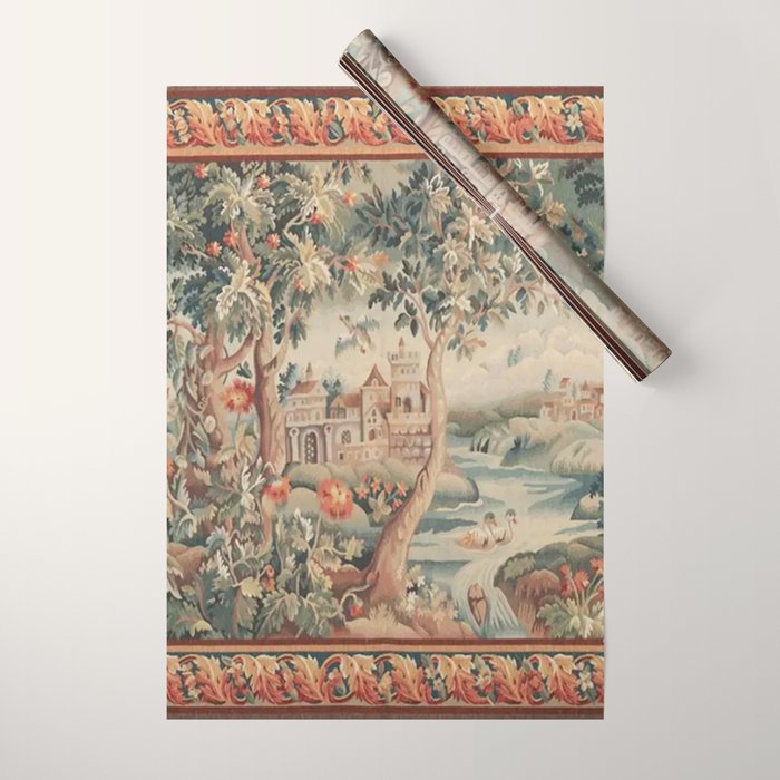 Antique 18th Century French Verdure Flower Garden Tapestry Wrapping Paper Gallery Image 1