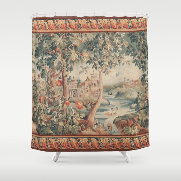 Antique 18th Century French Verdure Flower Garden Tapestry Shower Curtain Gallery Image 1