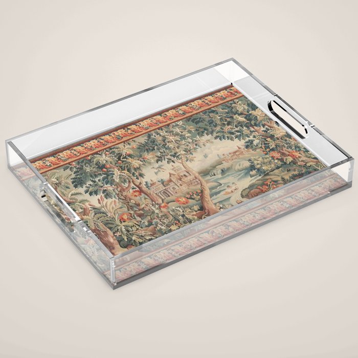 Antique 18th Century French Verdure Flower Garden Tapestry Acrylic Tray Gallery Image 1