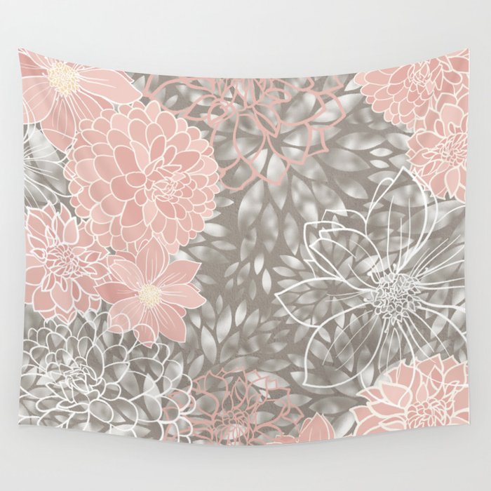 Floral Dahlias, Blush Pink, Gray, White Wall Tapestry Gallery Image 1