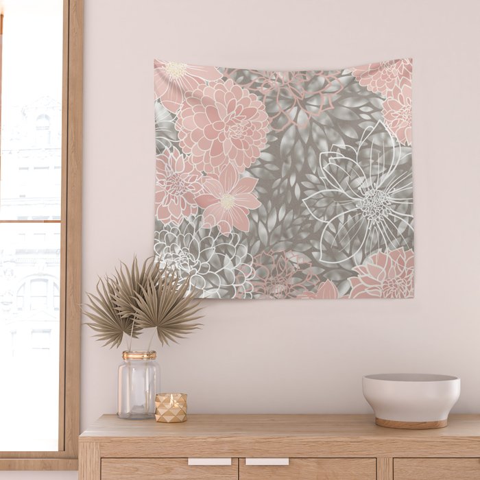 Floral Dahlias, Blush Pink, Gray, White Wall Tapestry Gallery Image 2