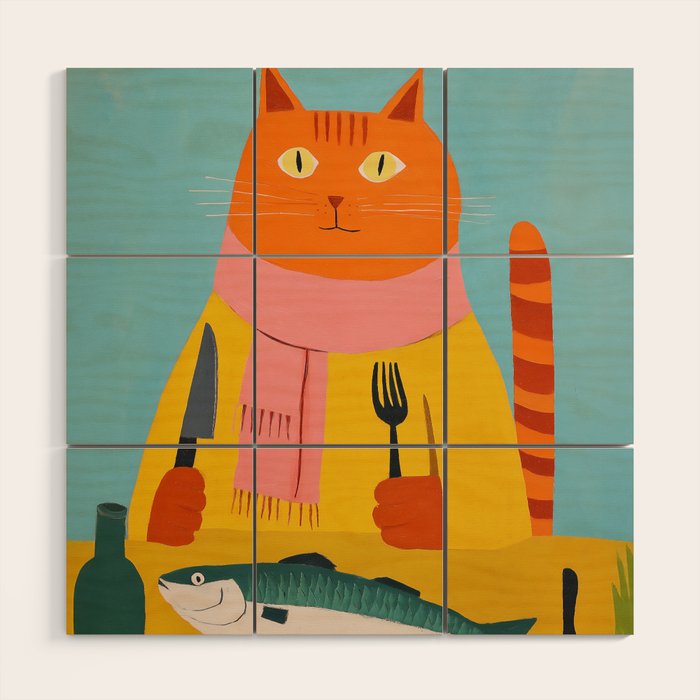 Hungry Cats Fish Feast Wood Wall Art Gallery Image 1