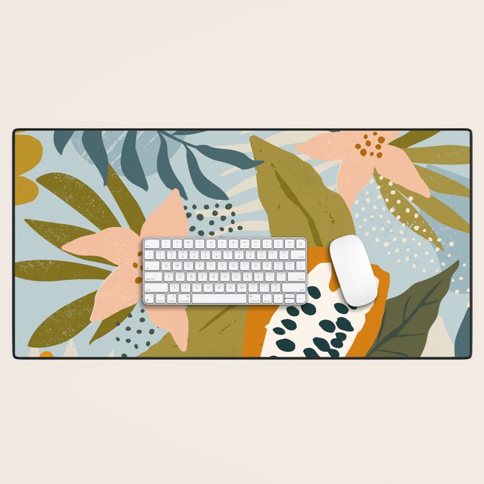 Modern exotic jungle cocoa beans, flowers and plants illustration Desk Mat Gallery Image 1