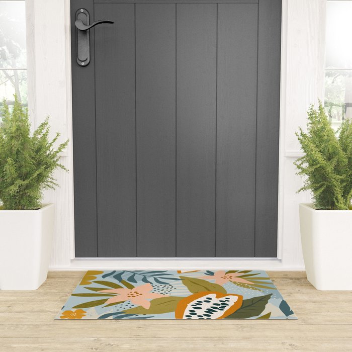 Modern exotic jungle cocoa beans, flowers and plants illustration Welcome Mat Gallery Image 3