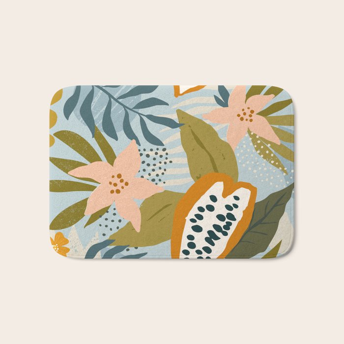 Modern exotic jungle cocoa beans, flowers and plants illustration Bath Mat Gallery Image 1