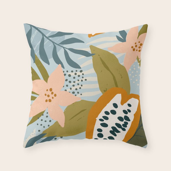 Modern exotic jungle cocoa beans, flowers and plants illustration Throw Pillow Gallery Image 6