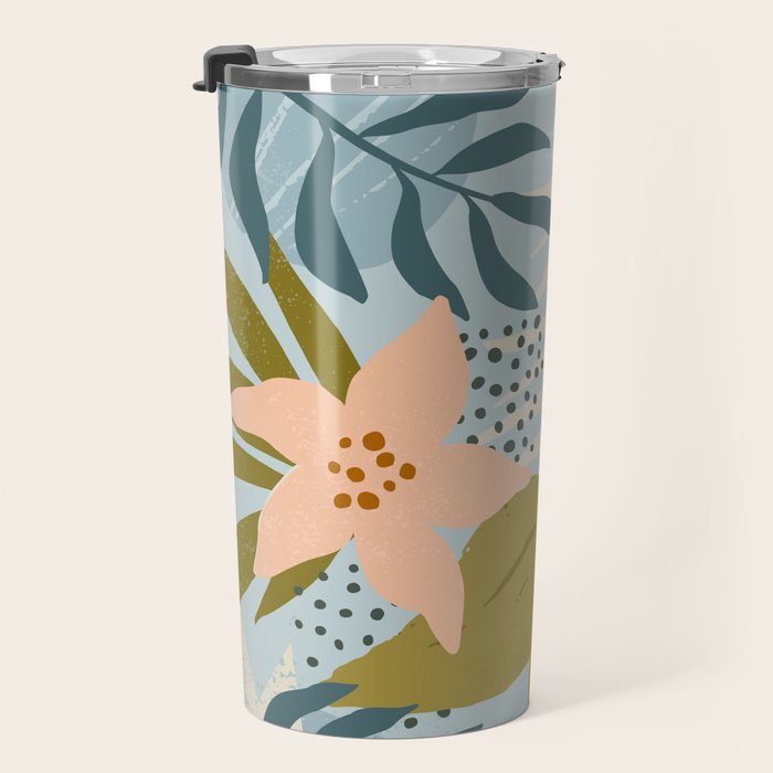 Modern exotic jungle cocoa beans, flowers and plants illustration Travel Mug Gallery Image 3