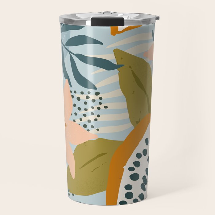 Modern exotic jungle cocoa beans, flowers and plants illustration Travel Mug Gallery Image 1