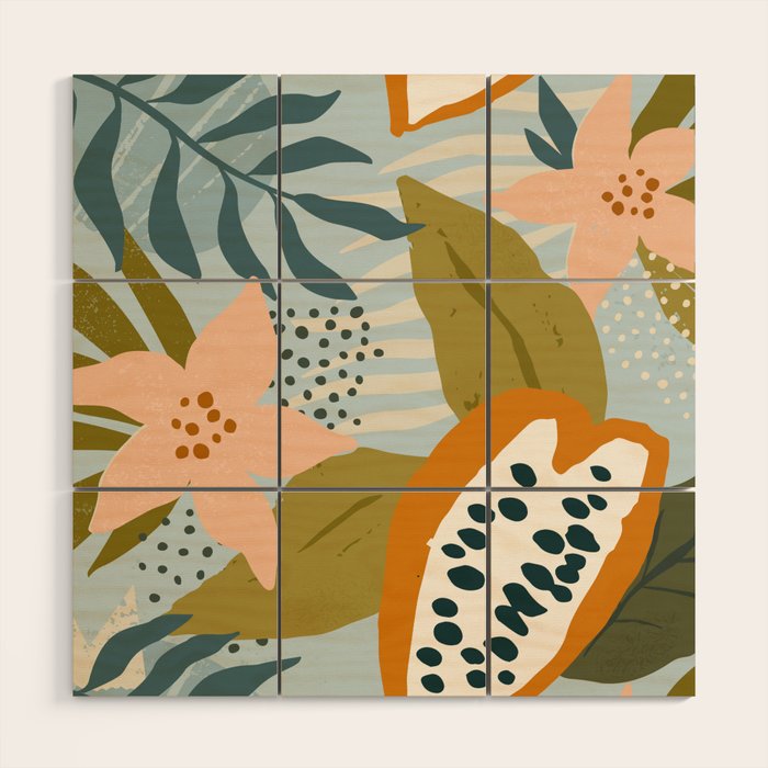Modern exotic jungle cocoa beans, flowers and plants illustration Wood Wall Art Gallery Image 1
