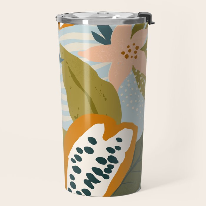 Modern exotic jungle cocoa beans, flowers and plants illustration Travel Mug Gallery Image 2