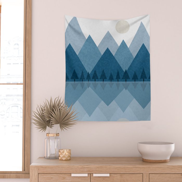 Calming Abstract Geometric Mountains Blue Wall Tapestry Gallery Image 2