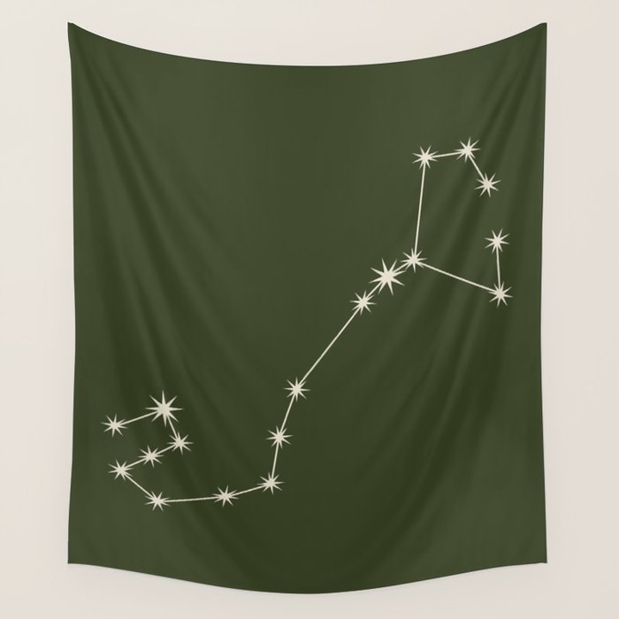 Scorpio Zodiac Star Constellation Line Art Moss Green Wall Tapestry Gallery Image 4
