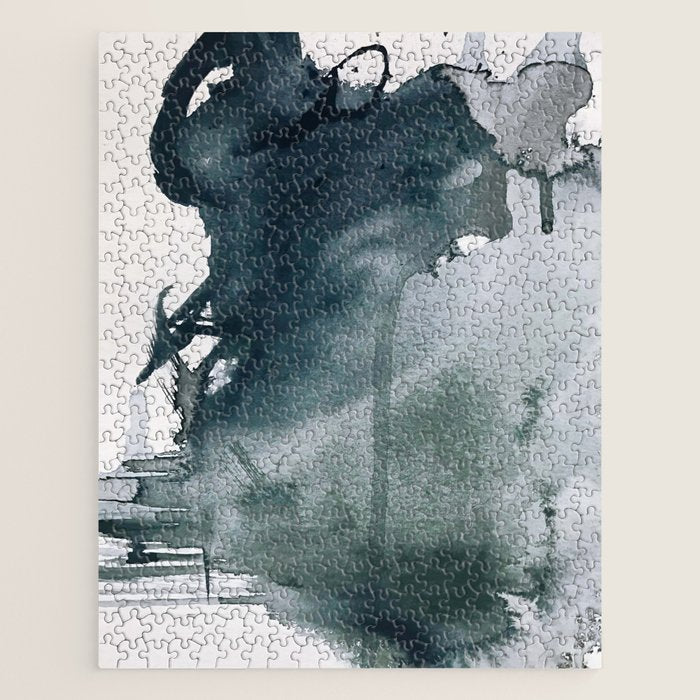 Lakeside: a minimal, abstract, watercolor and ink piece in shades of blue and green Jigsaw Puzzle Gallery Image 1