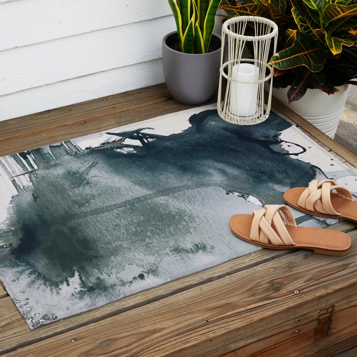 Lakeside: a minimal, abstract, watercolor and ink piece in shades of blue and green Outdoor Rug Gallery Image 2