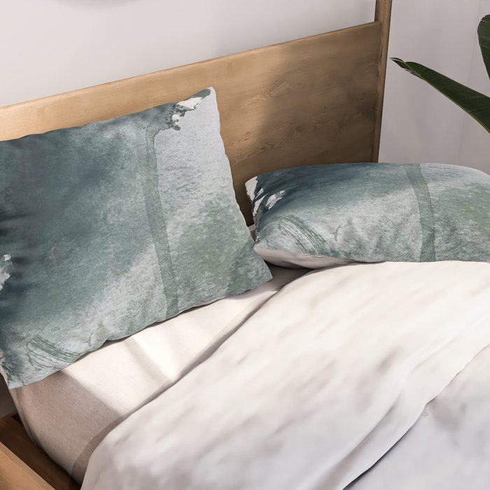 Lakeside: a minimal, abstract, watercolor and ink piece in shades of blue and green Pillow Sham Gallery Image 2