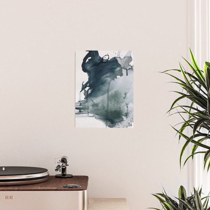 Lakeside: a minimal, abstract, watercolor and ink piece in shades of blue and green Poster Gallery Image 2