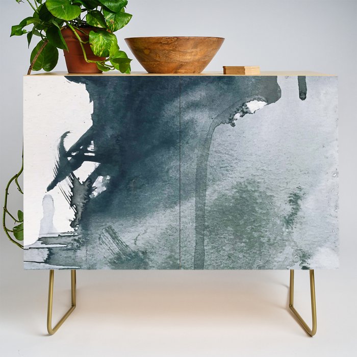 Lakeside: a minimal, abstract, watercolor and ink piece in shades of blue and green Credenza Gallery Image 1