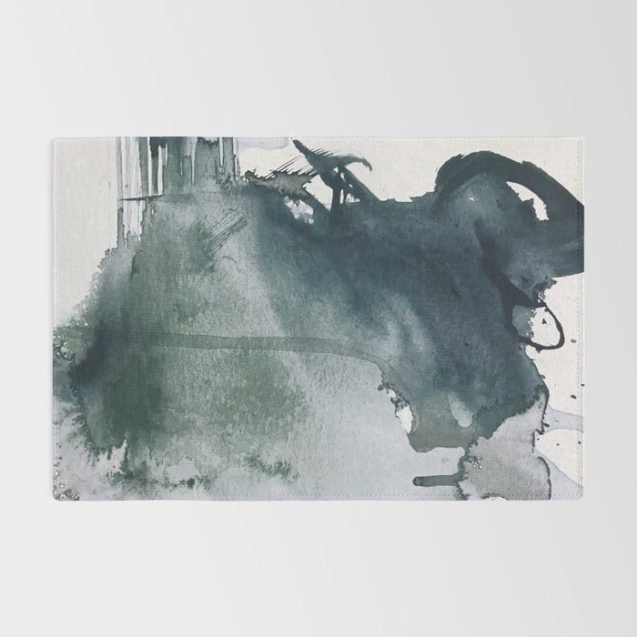 Lakeside: a minimal, abstract, watercolor and ink piece in shades of blue and green Rug Gallery Image 2