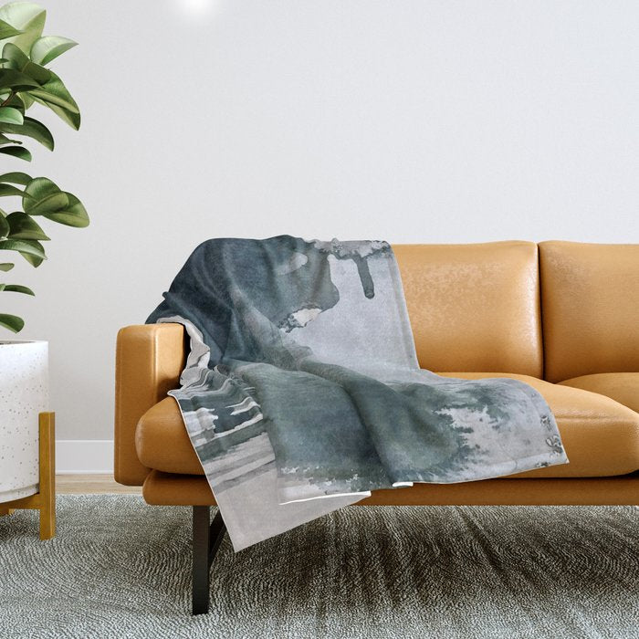 Lakeside: a minimal, abstract, watercolor and ink piece in shades of blue and green Throw Blanket Gallery Image 1