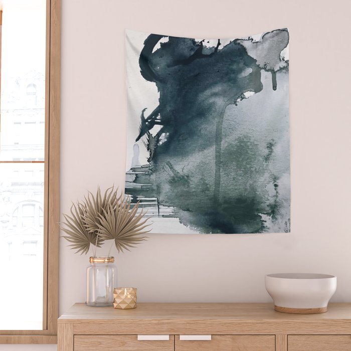 Lakeside: a minimal, abstract, watercolor and ink piece in shades of blue and green Wall Tapestry Gallery Image 2