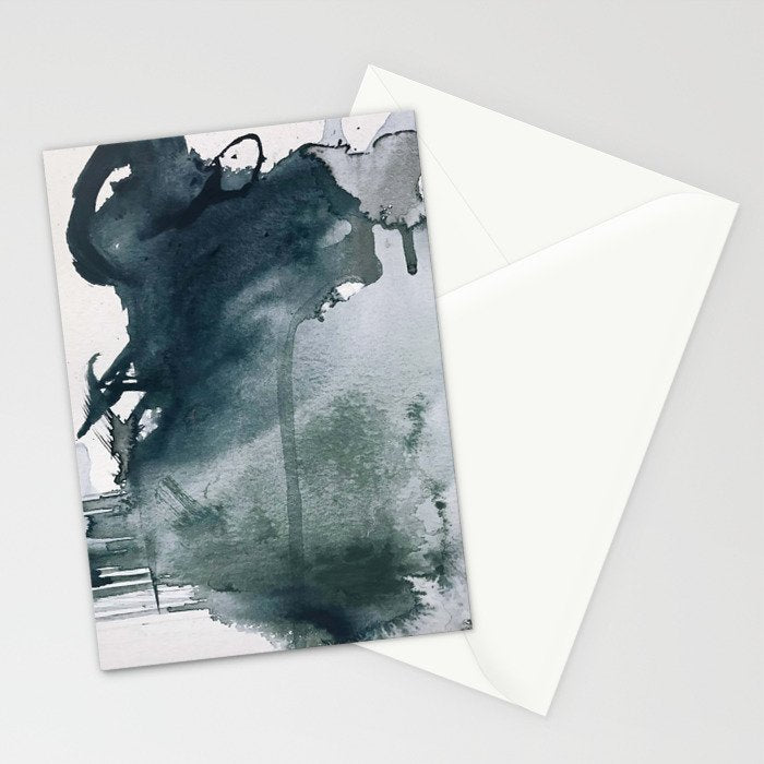 Lakeside: a minimal, abstract, watercolor and ink piece in shades of blue and green Stationery Card Gallery Image 2